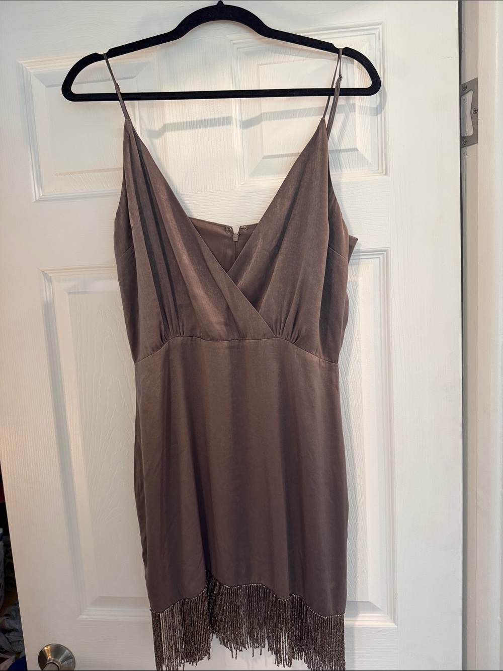 Lovers + Friends Taupe Slip Mini Dress with Fringe